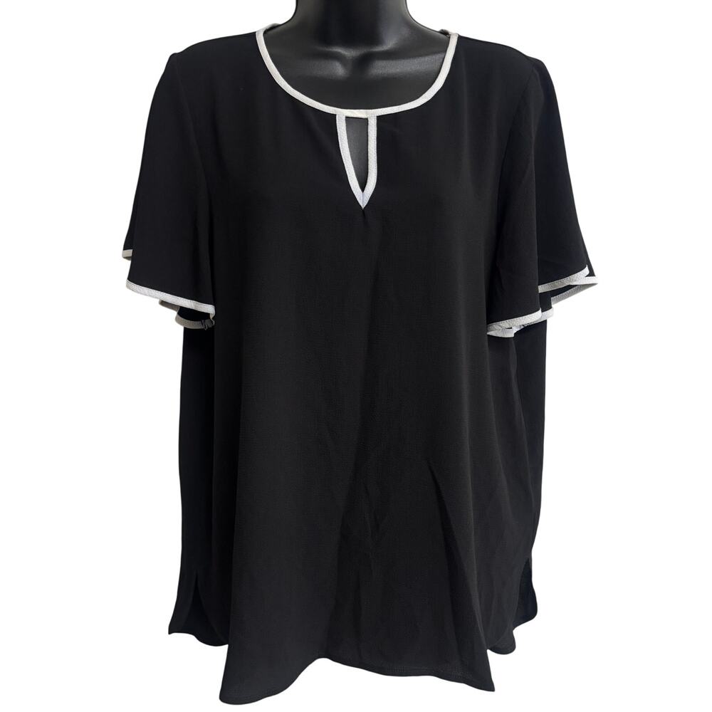 Spense Black Blouse Top White Trim Flutter Sleeve Keyhole Womens Large New